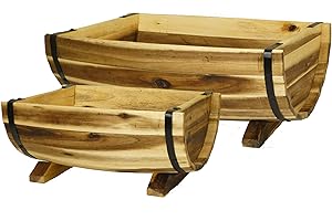 Classic Acacia Wood Half-Barrel Planters with Metal Band (Set of 2)