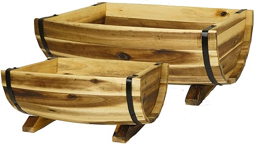 Classic Home and Garden Macetas de madera de acacia de medio barril con banda de metal, varios tamaños (juego de 2) disponible en Yaxa Venezuela