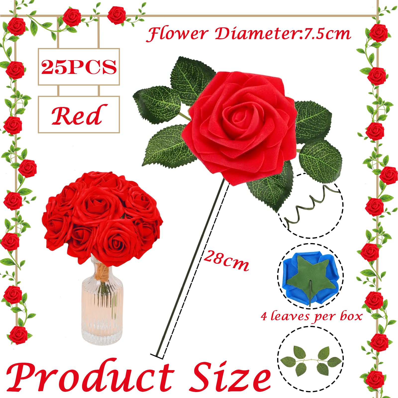 COSORO 25pcs Faux Red Roses Artificial Flowers Roses,Real Touch Foam Roses Fake Flowers Artificial Rose Bulk with Stem for Wedding Decor,Bridal Shower Crafts Home Baby Shower Valentines Day Decoration - Image 2