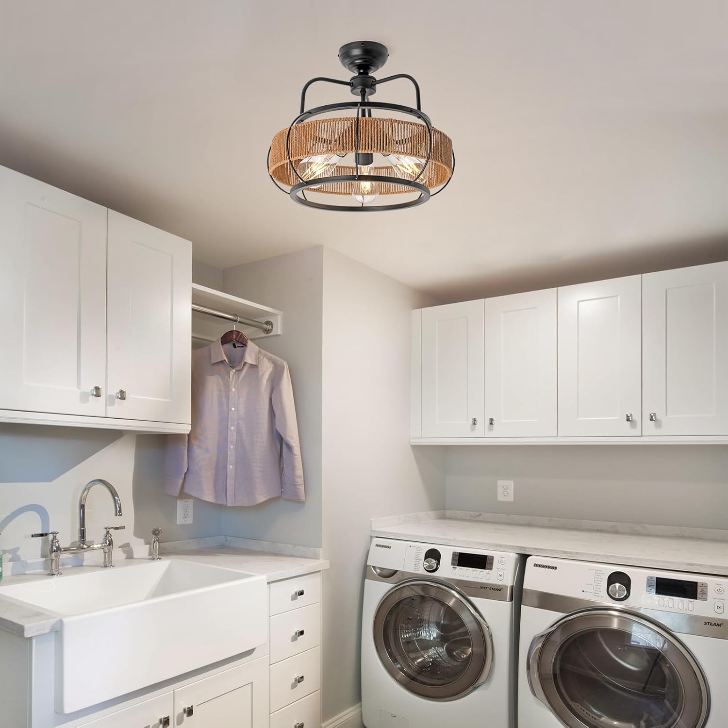 KEESFU 3-Light Rattan Light Fixtures Ceiling Light,Boho Light Fixtures Ceiling Mount for Bedroom,Black Industrial Metal Ceiling Light or Hallway Bedroom Kitchen Foyer.