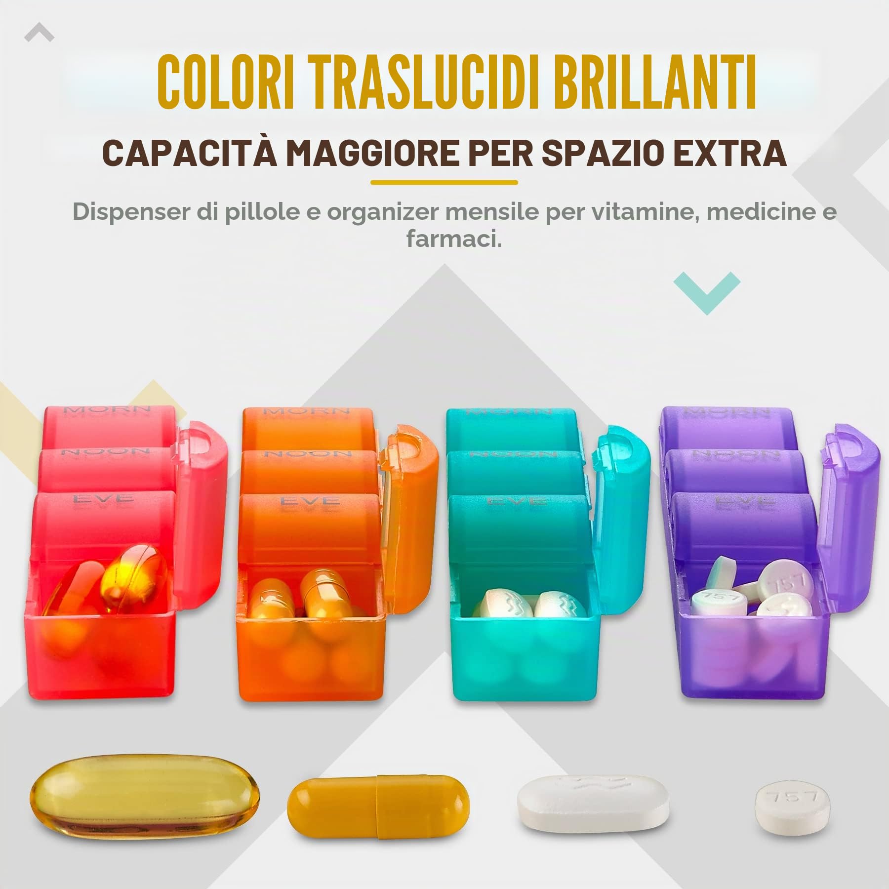 Organizzatore Portapillole Mese - 4 Volte Al Giorno Mattina-Mezzogiorno-Sera-Notte - Grandi 32 Portapillole Giornalieri con Scomparti per Vitamine, Integratori