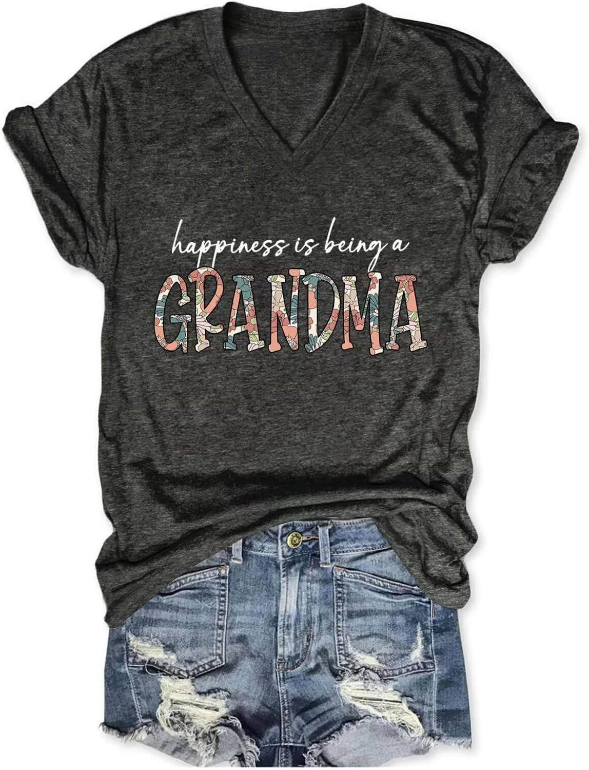 Grandma Shirts Women Happiness is Being a Grandma Graphic T Shirt Vintage V Neck Nana Tshirt Gigi Short Sleeve Tee Top