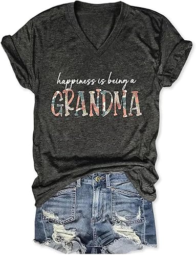 Grandma Shirts Women Happiness is Being a Grandma Graphic T Shirt Vintage V Neck Nana Tshirt Gigi Short Sleeve Tee Top