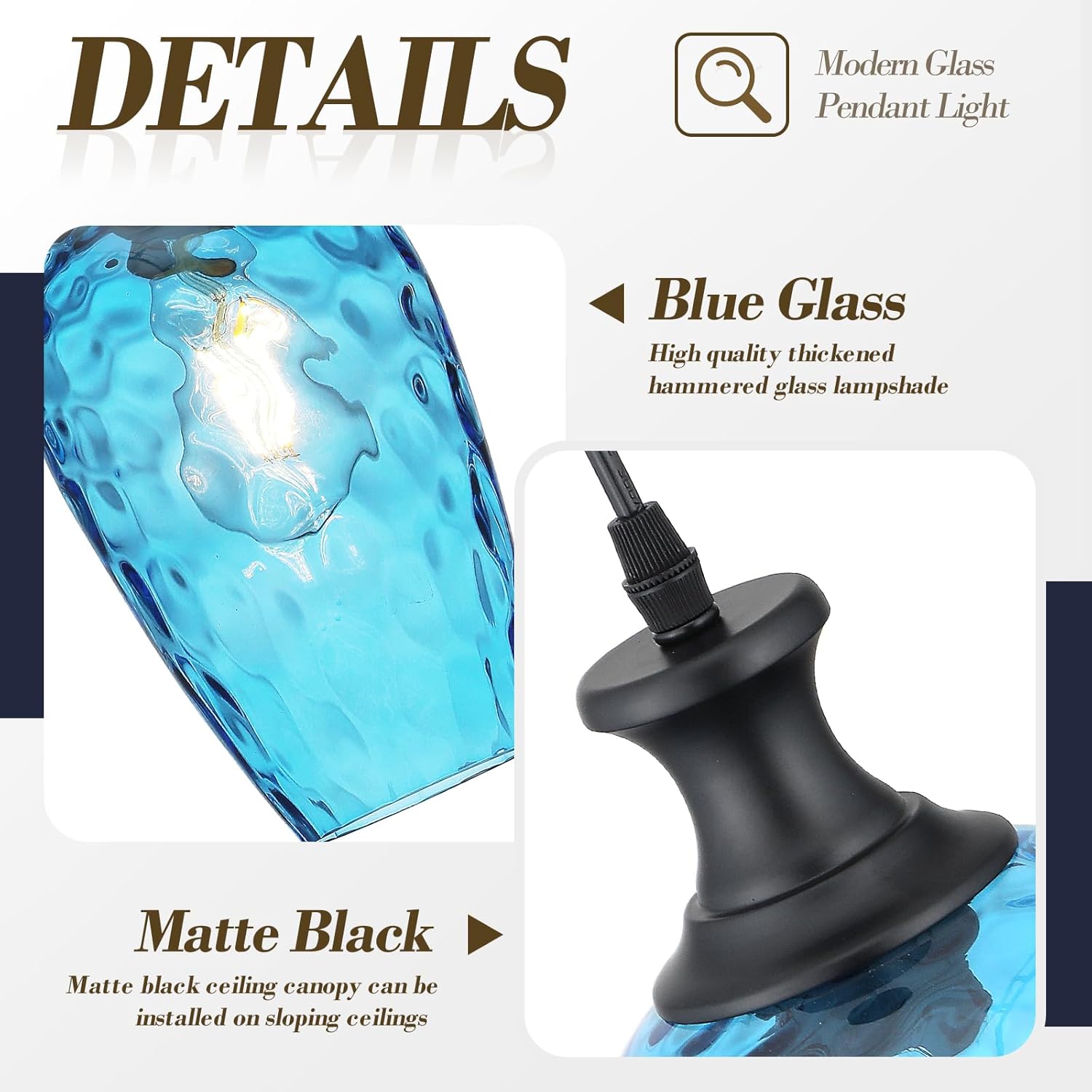 Glass Pendant Lights Kitchen Island, 1-Light Blue Pendant Light Fixtures with Hammered Glass, Modern Farmhouse Hanging Light for Kitchen Sink Dining Room Bedroom, E26