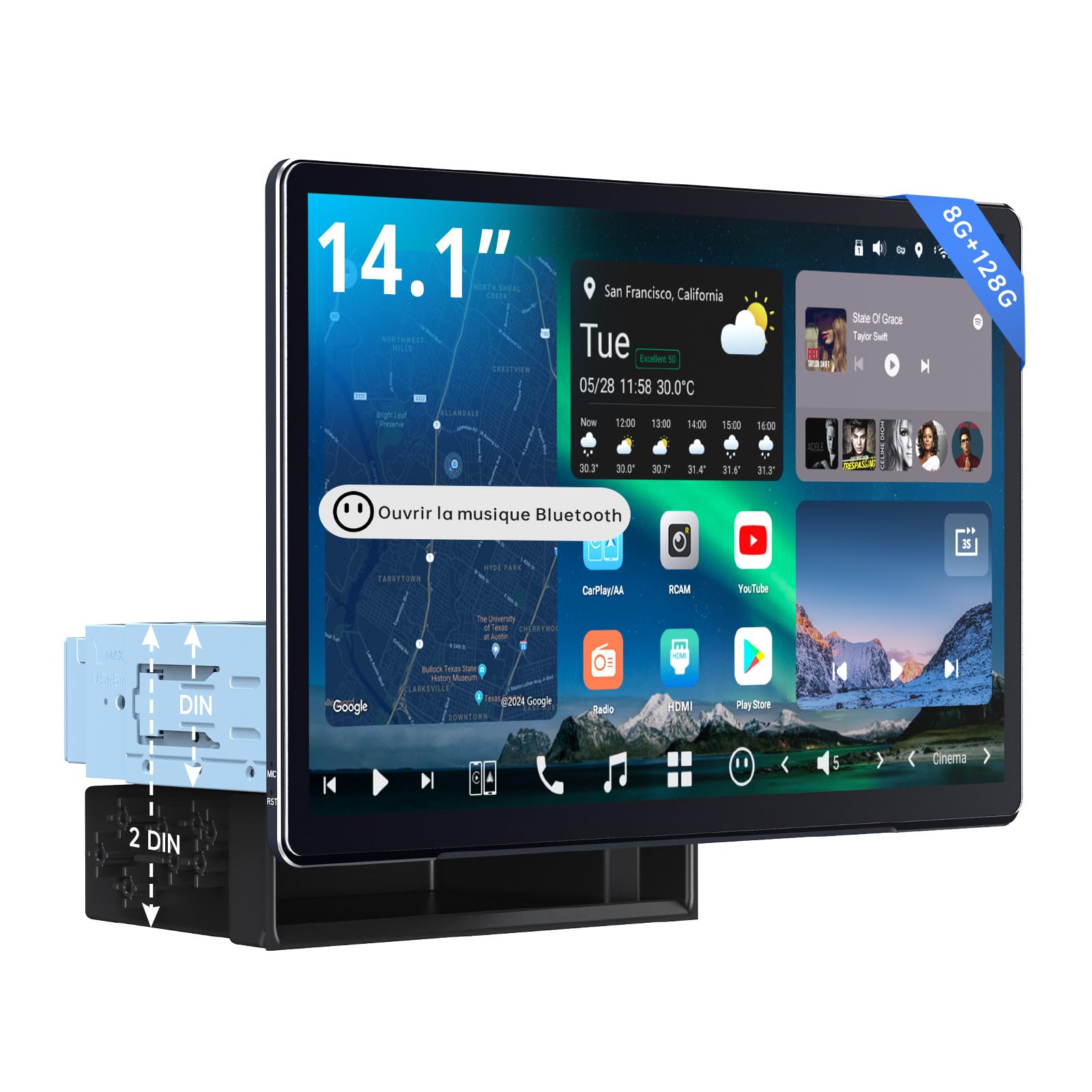 [14,1" QLED] ATOTOZONE Autoradio Android avec GPS intégré Tableau de Bord, 1DIN & 2 DIN Écran Flexview, Agent IA, LiveView à Distance, Alerte Golden Hour, 7.1.2 CH Audio, 4G LTE, 8G+128G, X10G141E