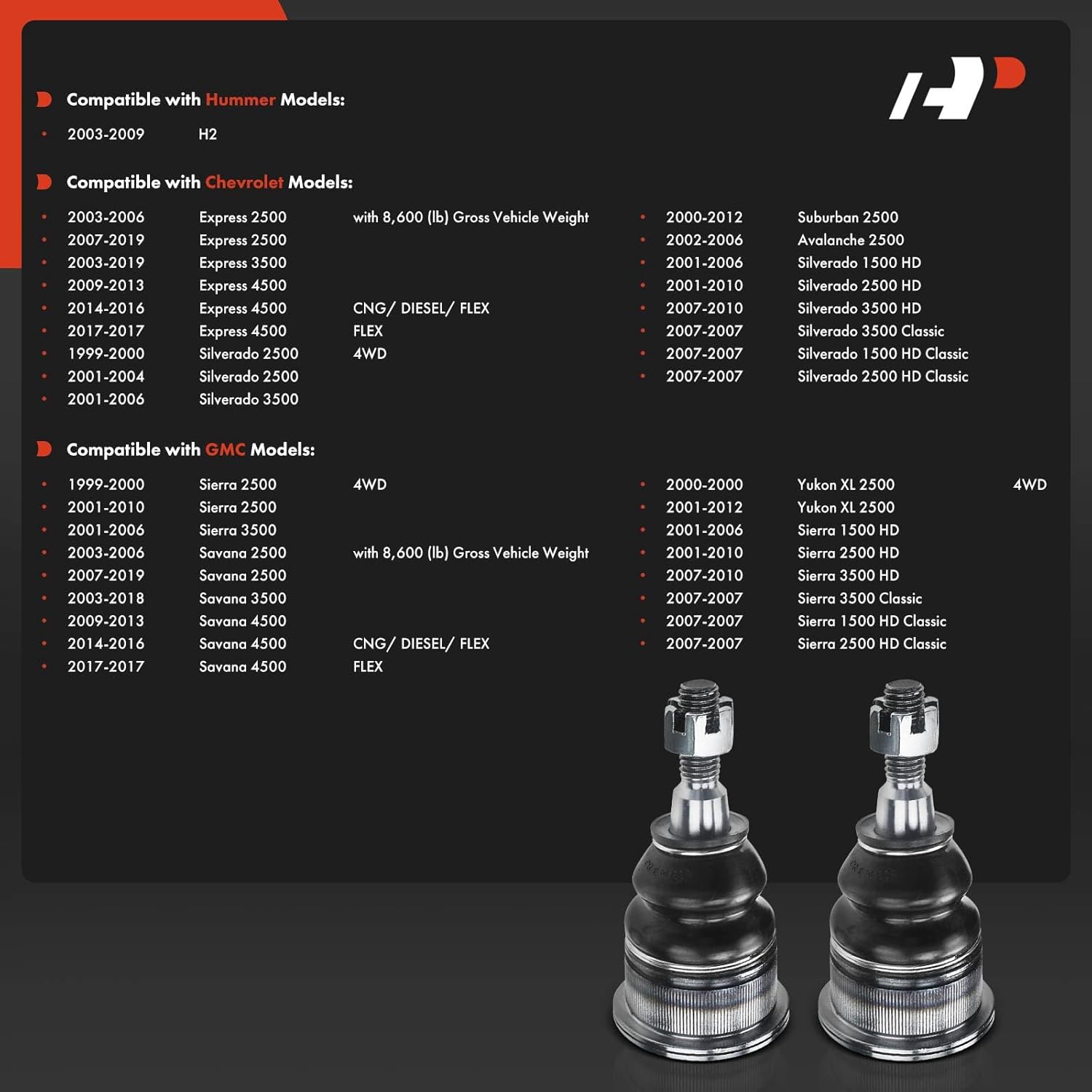 A-Premium 2 x Front Upper Ball Joint Compatible with Chevrolet Silverado 1500 HD Classic & 2500 HD Classic, Suburban, Express, Avalanche, GMC Sierra, Savana, Yukon XL 2500, Hummer H2