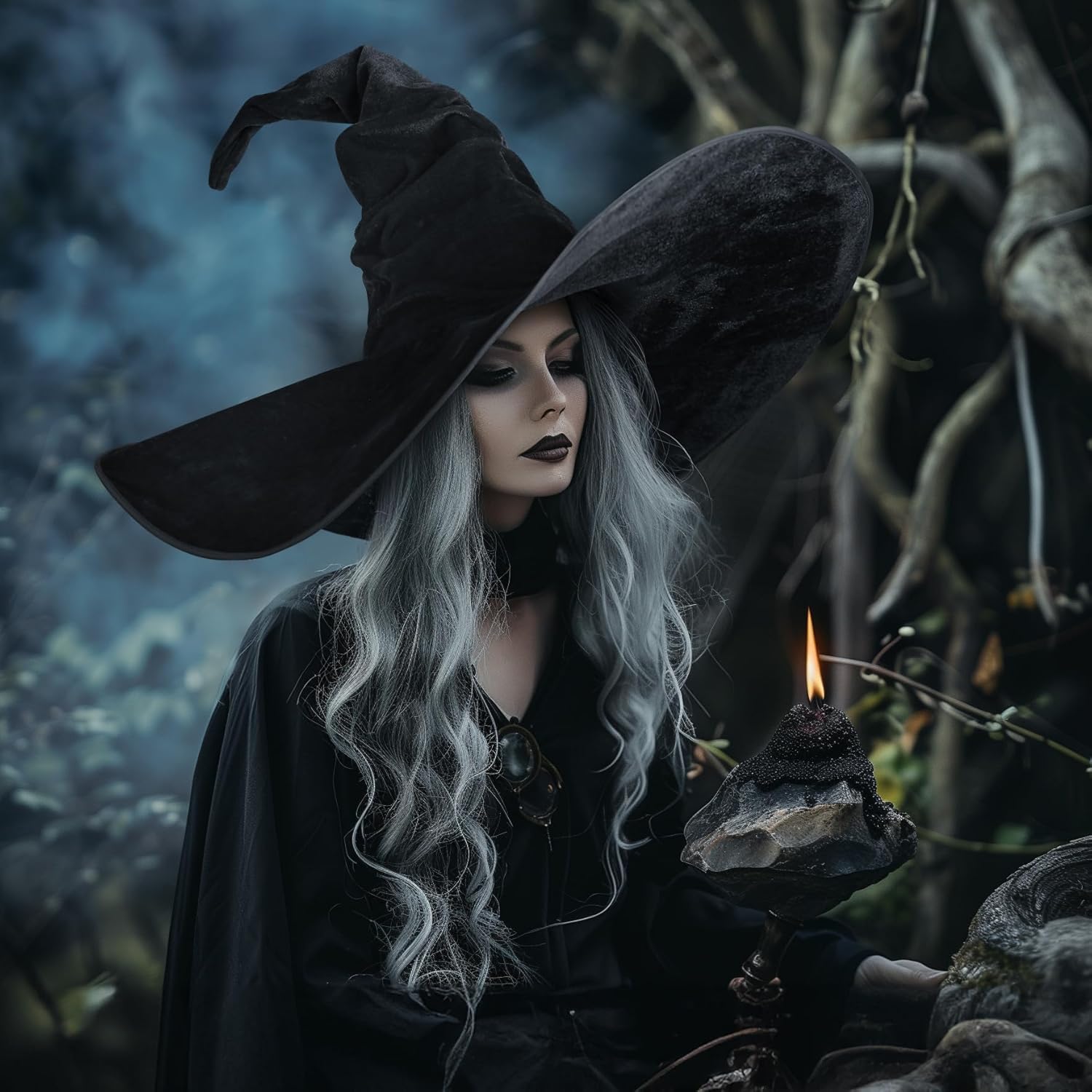 VZQI Witch Hat Halloween Witches Hat Black Witch Hats for Women Adult Wizard 24-inch Large Ruched Hat - Image 3