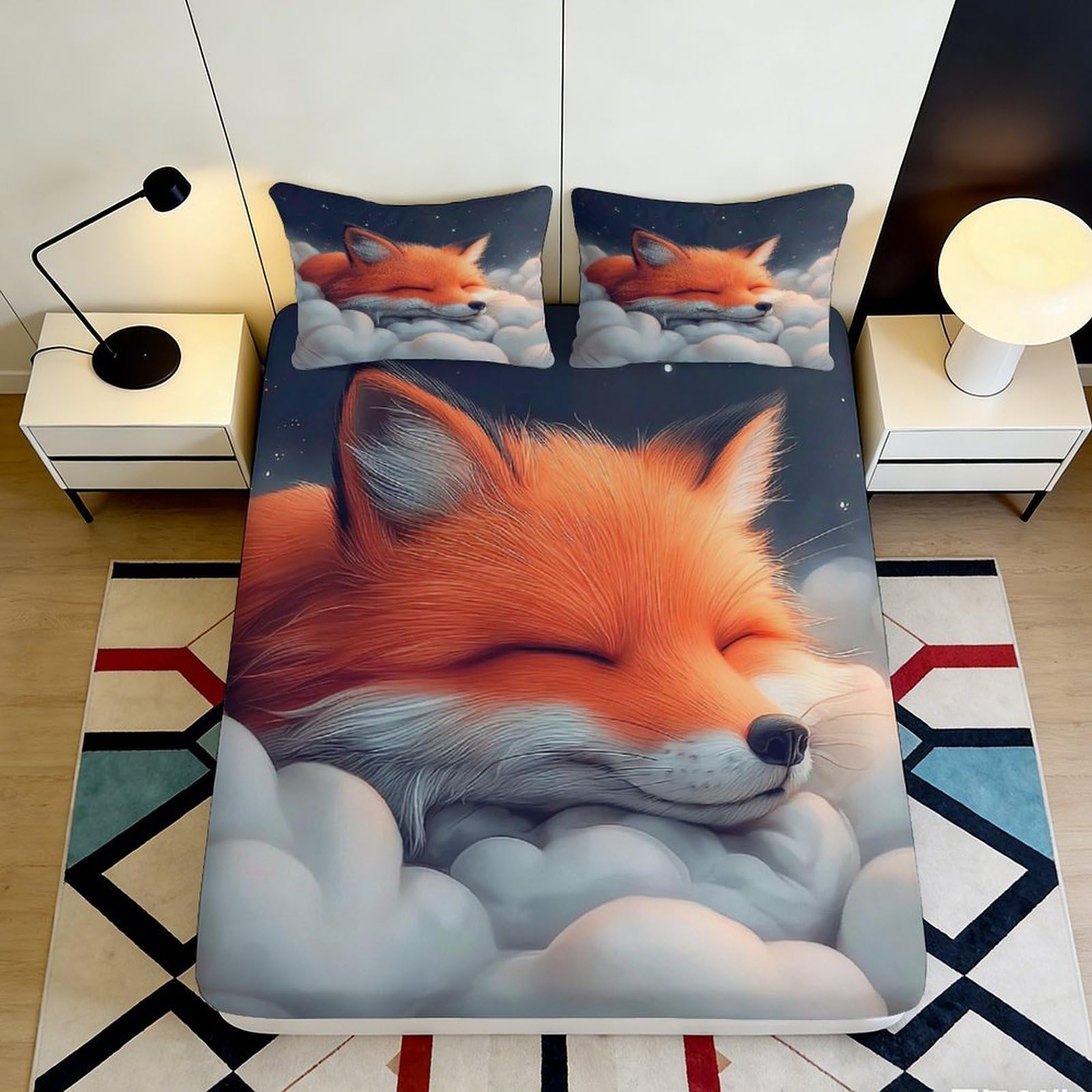 3D Printed Sleeping Fox Fitted Sheet Microfiber Soft Breathable Cloud Pattern Mattress Cover for Bedroom Dormitory Guest Room Mattress Protection Decor 180x200x25cm