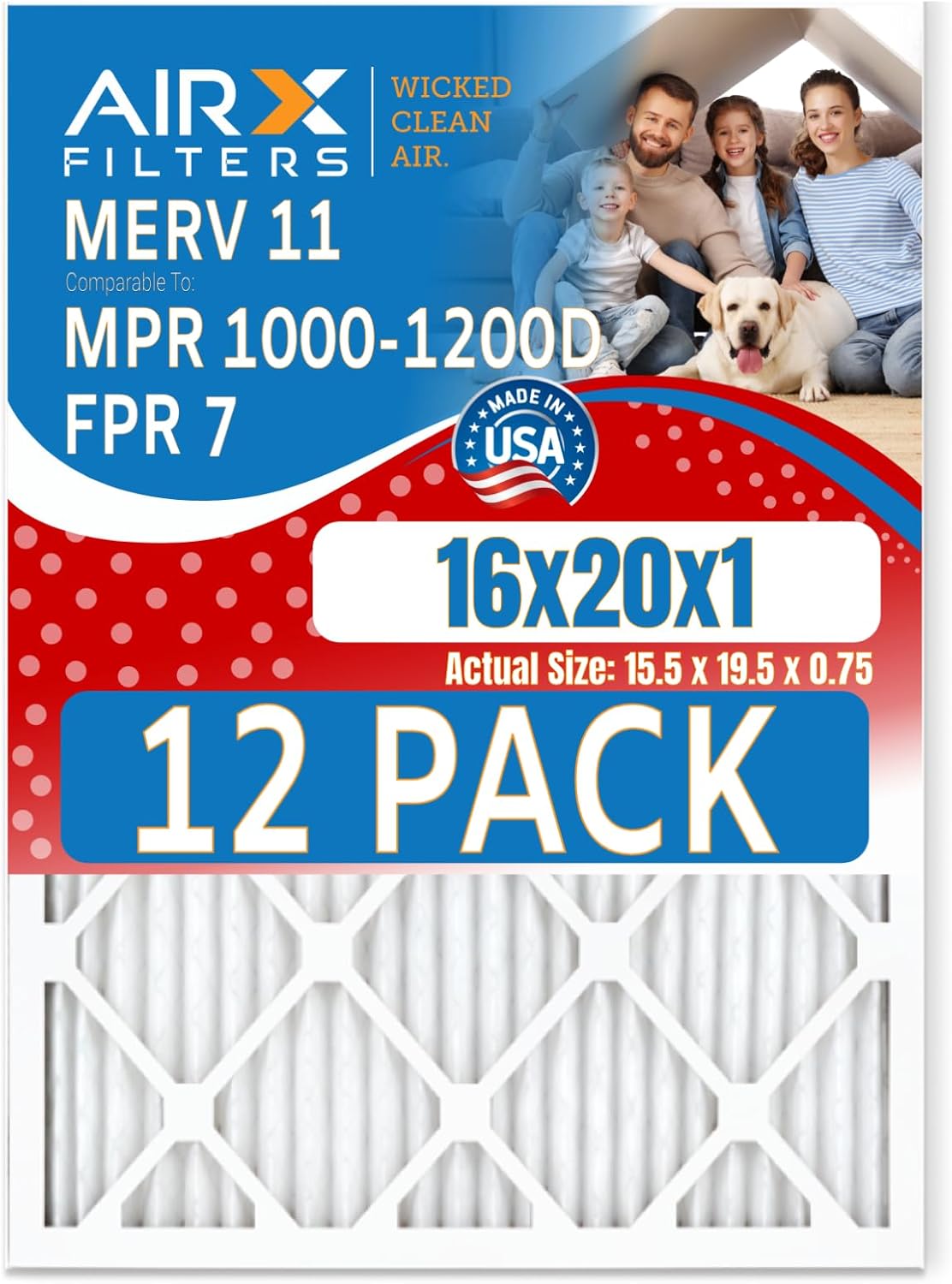 16x20x1 Air Filter MERV 11 Rating, 12 Pack of Furnace Filters Comparable to MPR 1000, MPR 1200 & FPR 7 - Made in USA by AIRX FILTERS WICKED CLEAN AIR.