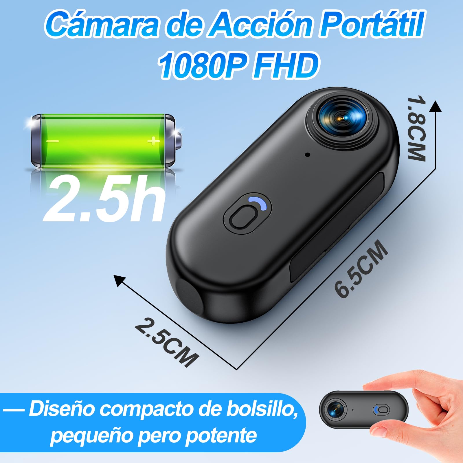 Camara 360 1080P WiFi 150° Impermeable 30m, Mini Bodycam | 2,5h Batería Autonomía, Compacto, Ligero, Soporte Magnético, App, MP4