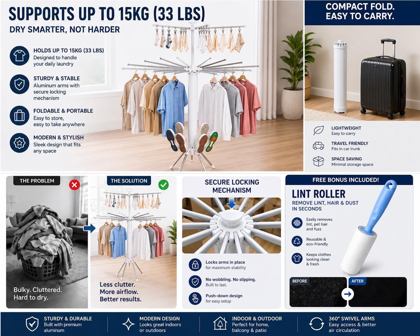 Tripod Clothes Drying Rack, Space Saving Rust-Proof Aluminum, Rotating Foldable Portable Stand for Laundry, Indoor & Outdoor Garment Rack + Bonus Lint Roller