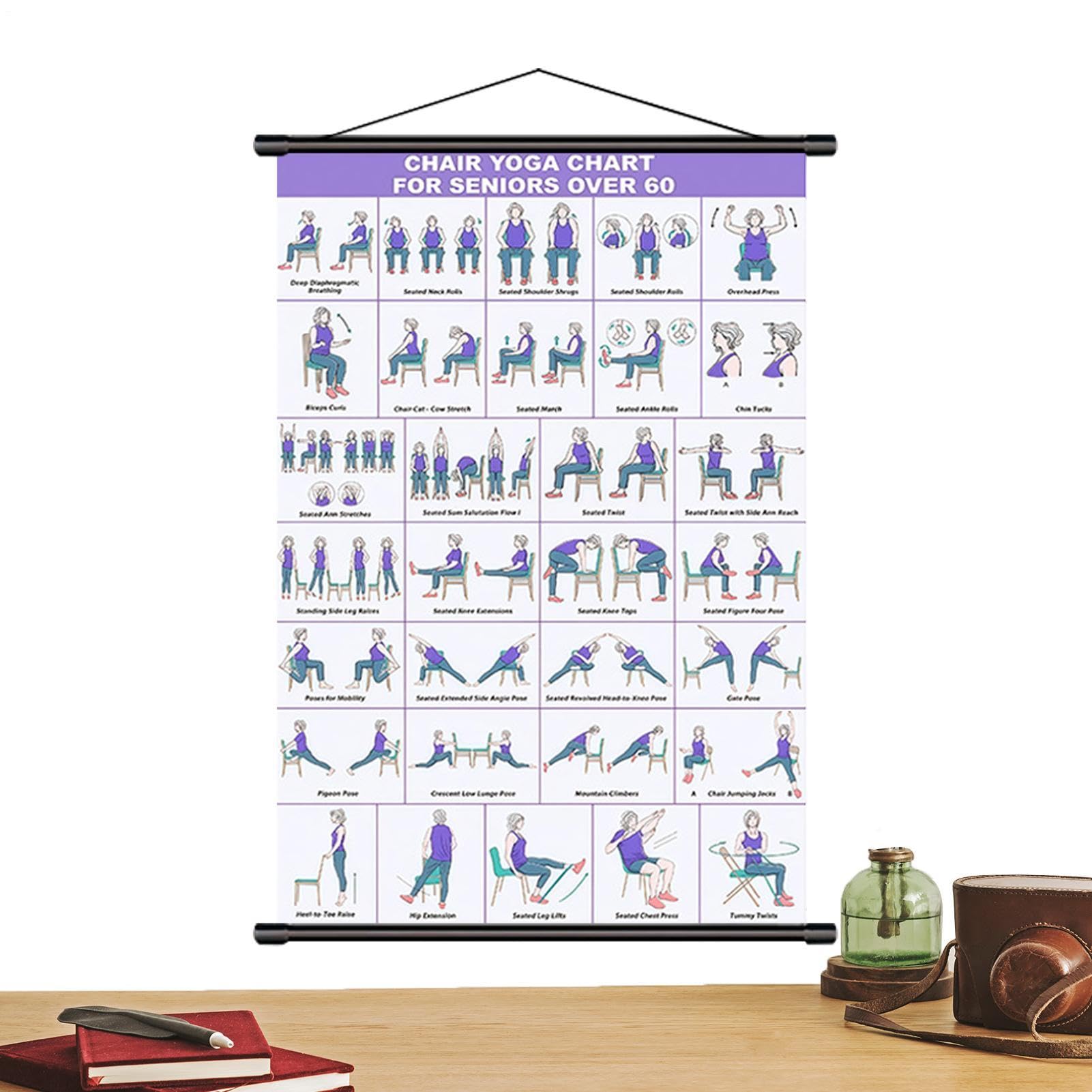 Tableau d'entraînement sur chaise de yoga - 40 x 60 cm - Guide d'exercices de chaise - Tableau mural pour les personnes âgées et les débutants, tableau de fitness, affiche pliable en tissu pour la