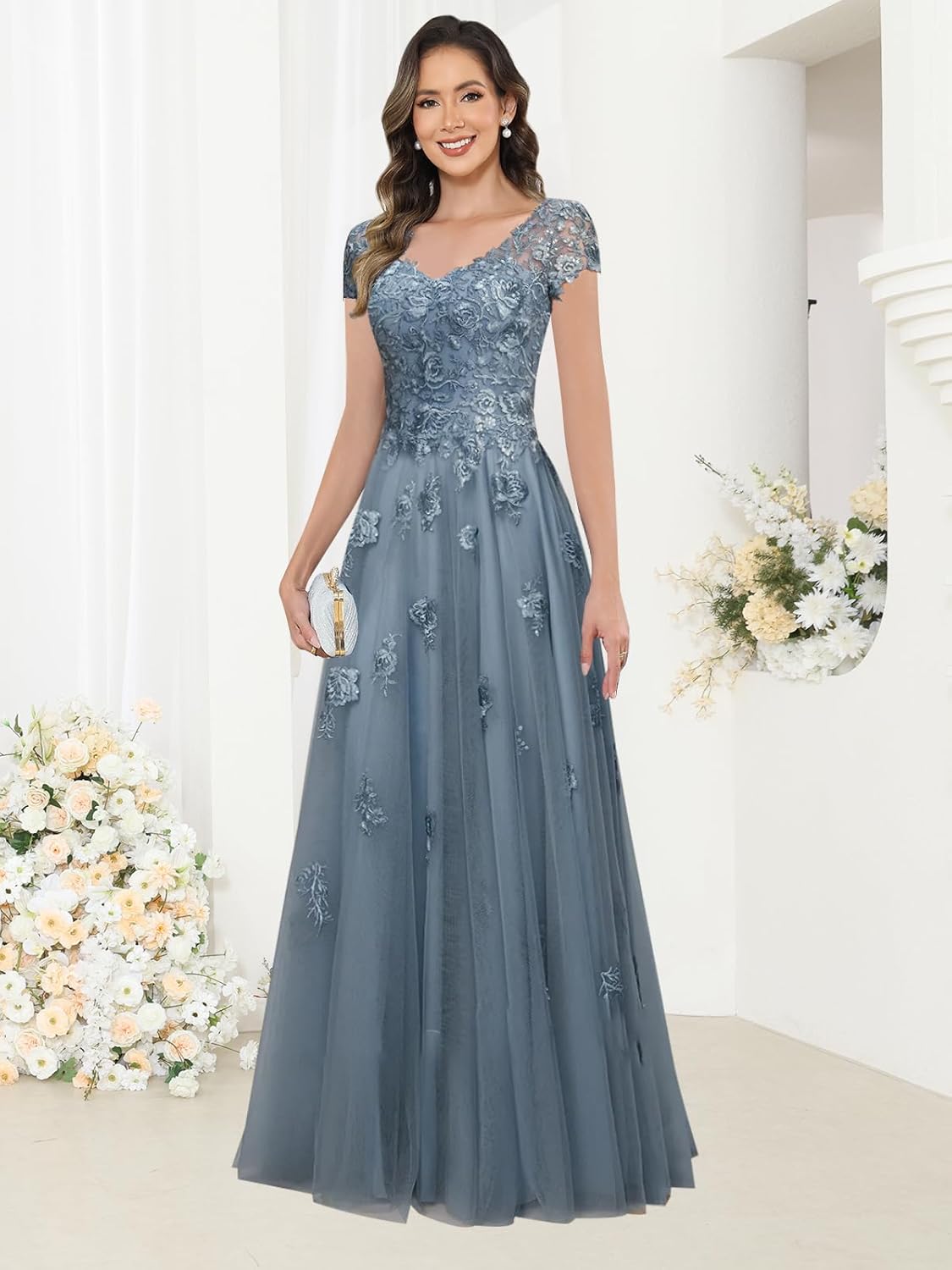 GUKARLEED Women’s Cap Sleeve Tulle Mother of The Bride Dresses Lace Appliques Formal Dress V Neck Floral Wedding Guest Dress - Image 2