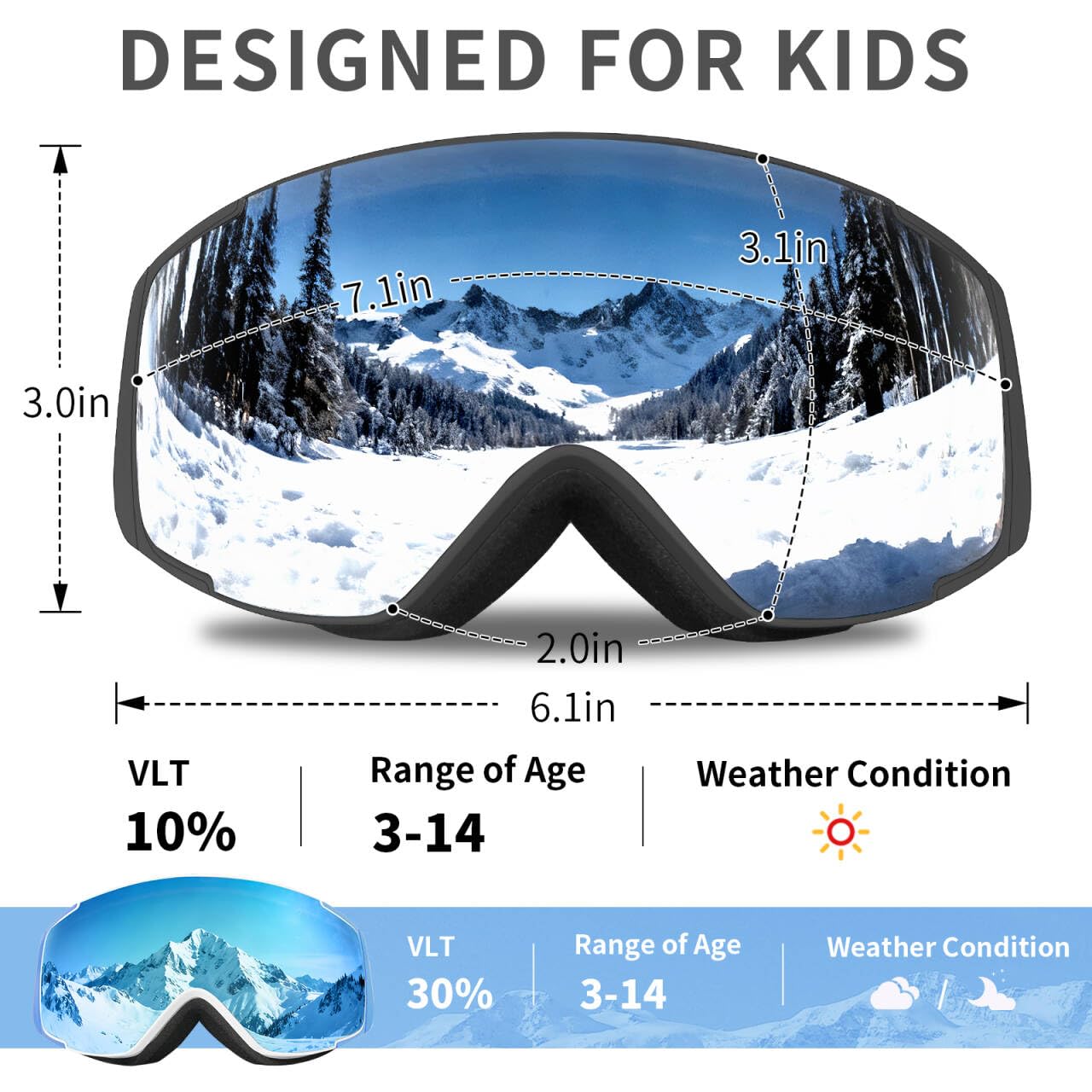 Freela Lot de 2 paires de lunettes de ski et de snowboard pour enfants de 3 à 14 ans, anti-buée, anti-UV