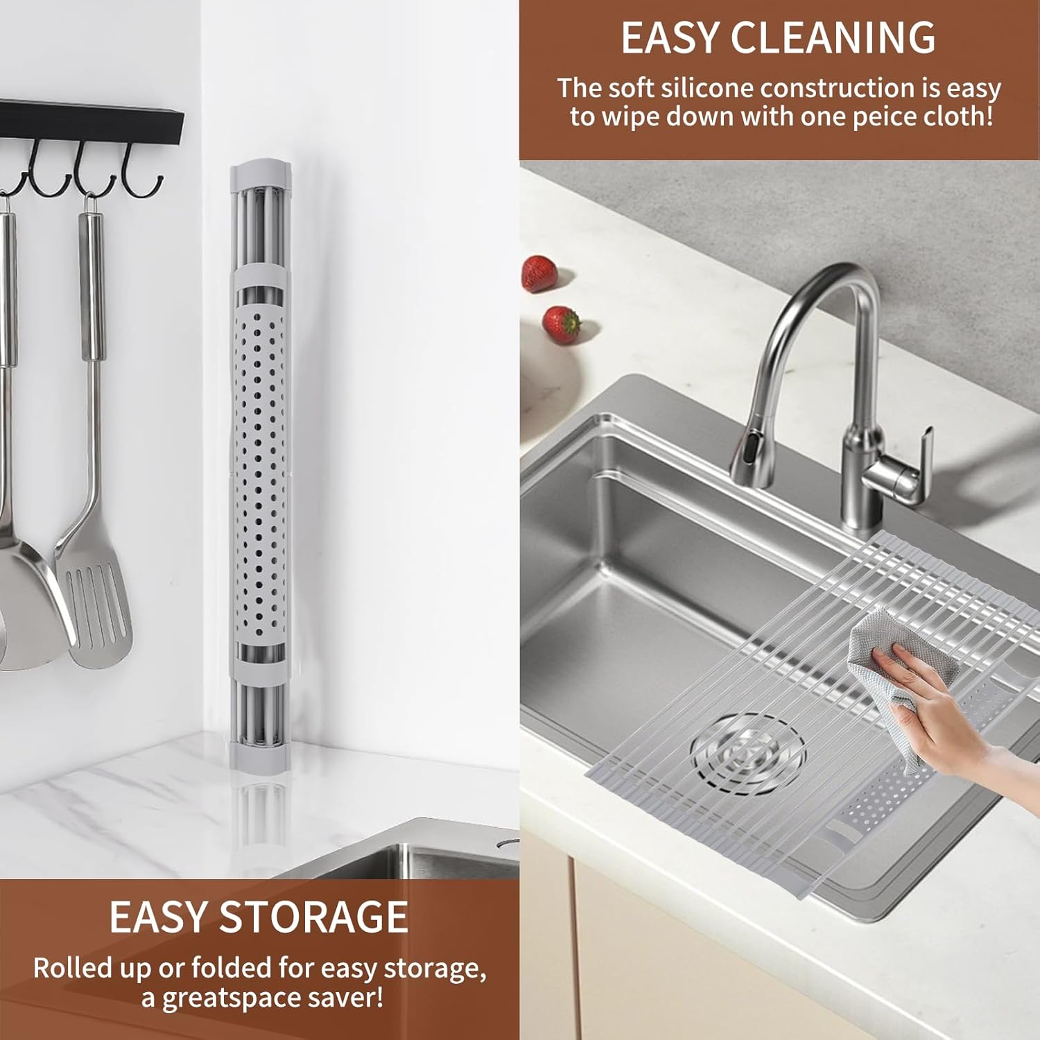 Roll Up Dish Drying Rack, Silicone All Inclusive Portable Drainer for Kitchen Sink Counter
