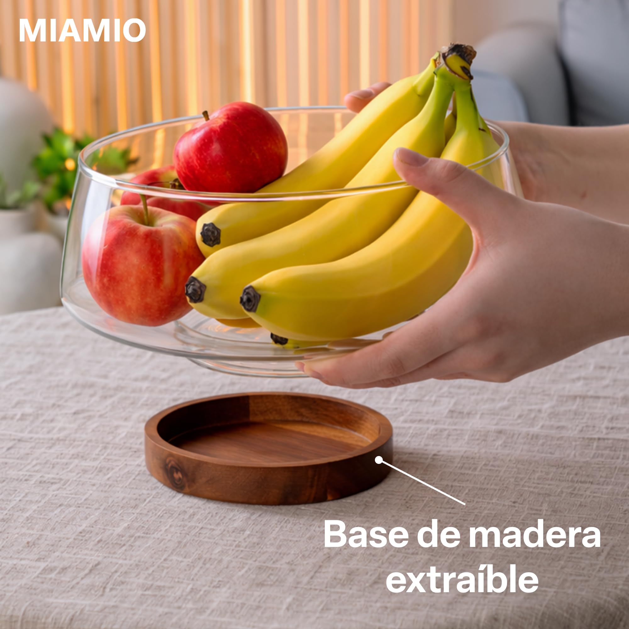 MIAMIO - Ensaladera de cristal/Bol para ensalada, madera de acacia (3,5L) | Ensaladera de cristal con base de madera de acacia, bol para servir / frutero de cristal con utensilios para ensalada