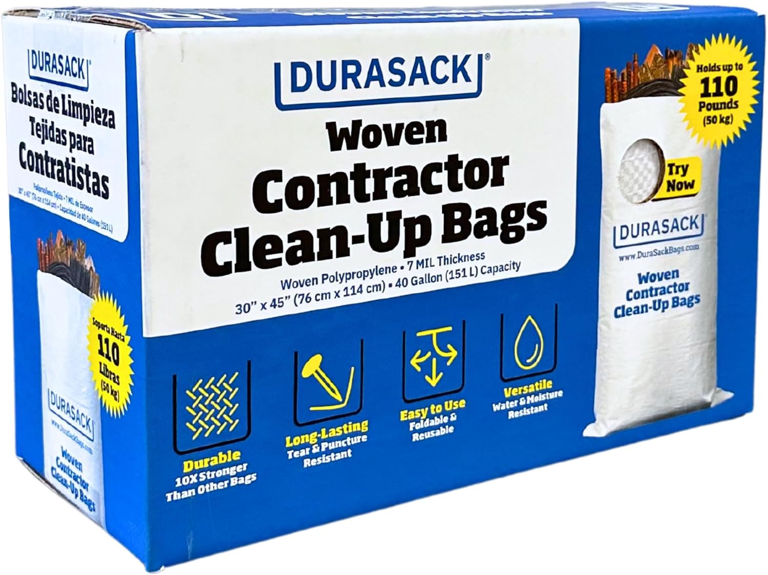DURASACK Heavy Duty 40-Gallon Contractor Bags - Reusable Woven Polypropylene Trash Bags, Pack of 16, 100 lb Capacity