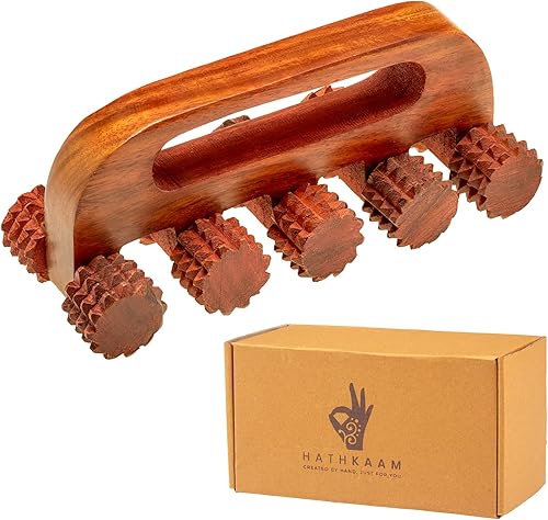 HATHKAAM Rodillo de masaje de madera, herramienta de masaje corporal de mano unisex de palisandro de 7.5 pulgadas, punto de disparo de 5 ruedas para