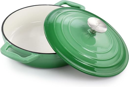 MegaChef 2 Quart Round Enameled Cast Iron Braiser Pan Green
