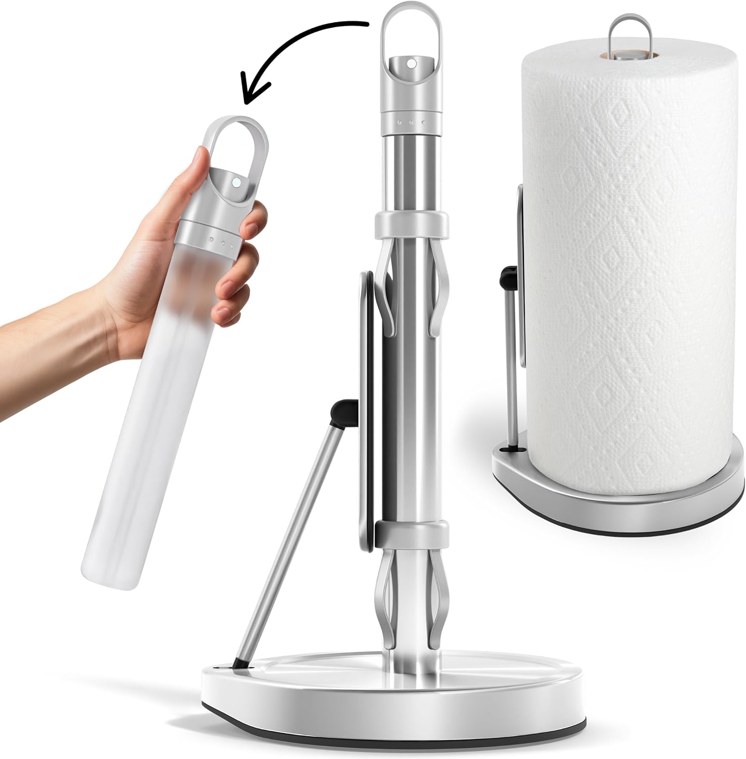Stainless Steel Paper Towel Holder with Tension Arm and Spray Pump – One-Handed Tear, Smart Traction System, Heavy Duty Suction Cups, Weighted Base, Kitchen Towel Dispenser for Countertop Use (Silver)