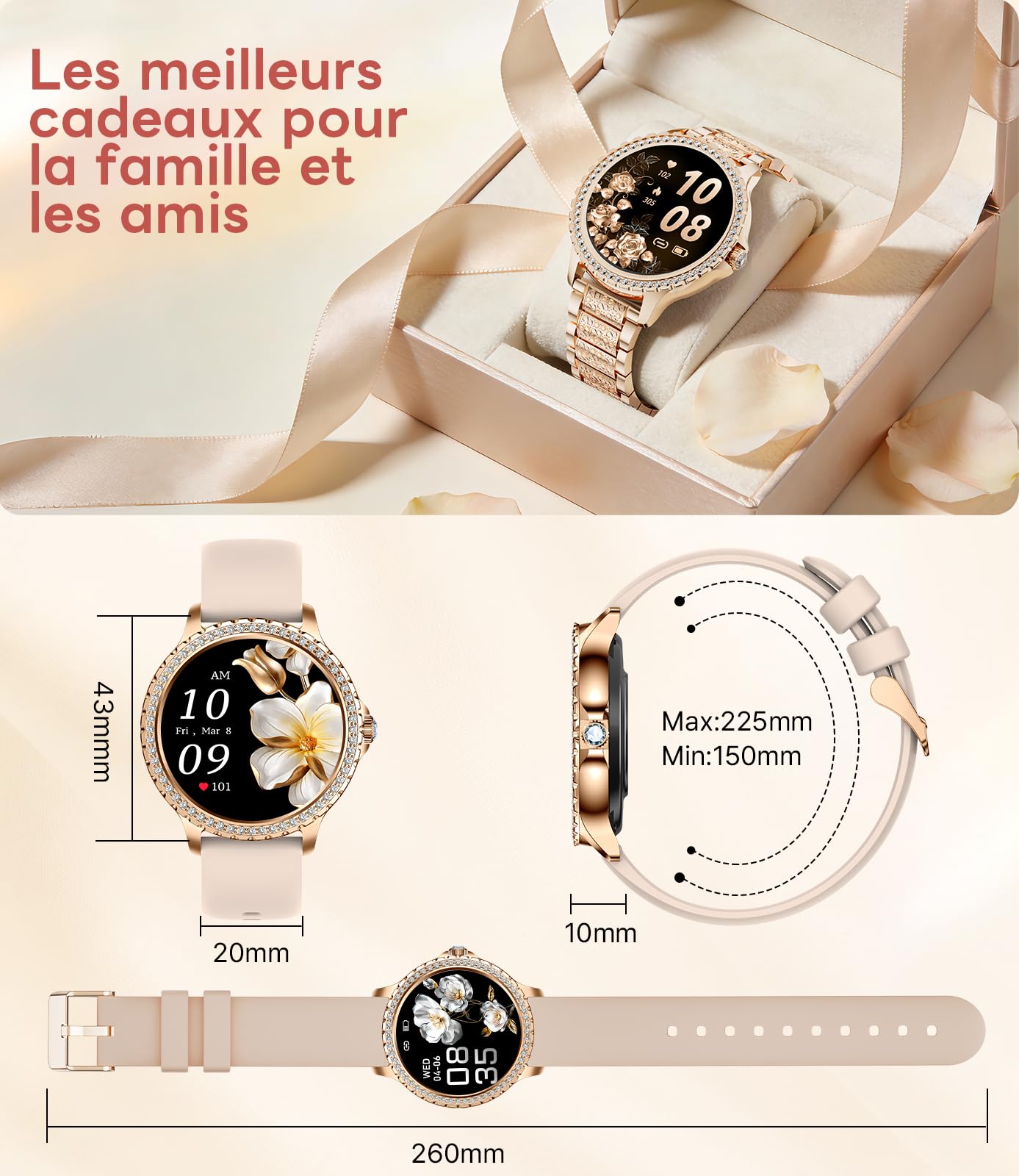 LIGE Montre Connectée Femme avec Appel Bluetooth, 1.32" Diamond Smartwatch Féminine Etanche avec 110+ Modes Sportifs Podometre Sommeil pour iOS et Android, 500+ Cadran, Or Rose Acier Inoxydable