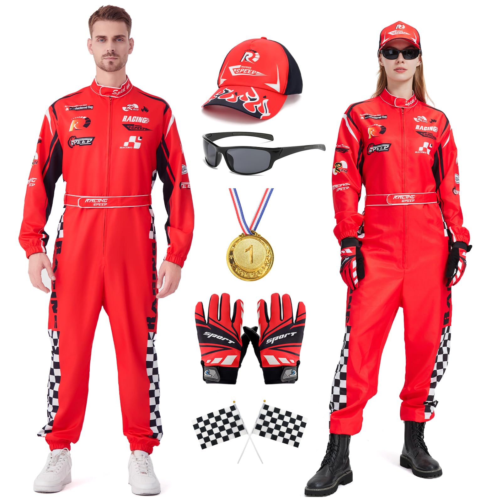 Racing Driver Costume Men Women Racing Driver Suit Jumpsuit Jumpsuit with Hat Sunglasses Gloves Belt Halloween Carnival Adult Racer Complete Set (Red, S) - S - red
