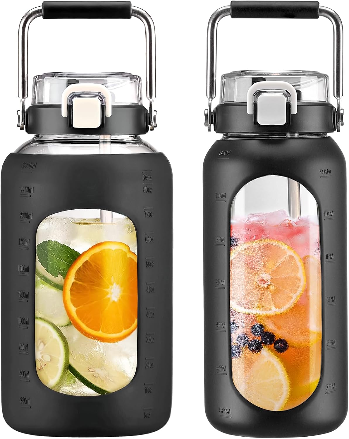 BLUEGO 84oz and 64oz Glass Water Bottles Bundle(84 Black + 64 Black) with Straw and Stainless Steel Handle, Large Water Bottle with Sleeve, Half Gallon Water Jug, Glass Water Container, BPA Free