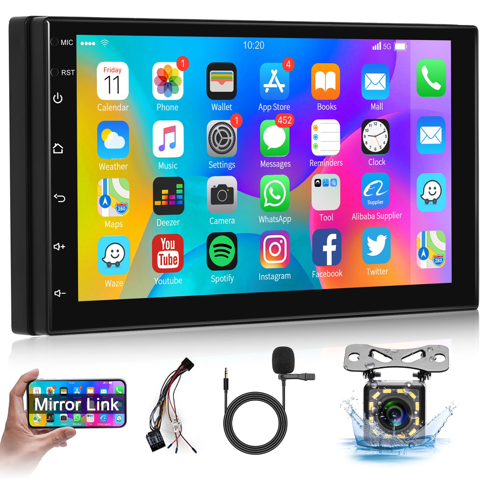 Autoradio Android 2 DIN – 7 Pollici Touch Screen, GPS, WiFi, Bluetooth, MirrorLink, FM RDS, DSP, Con Telecamera Posteriore