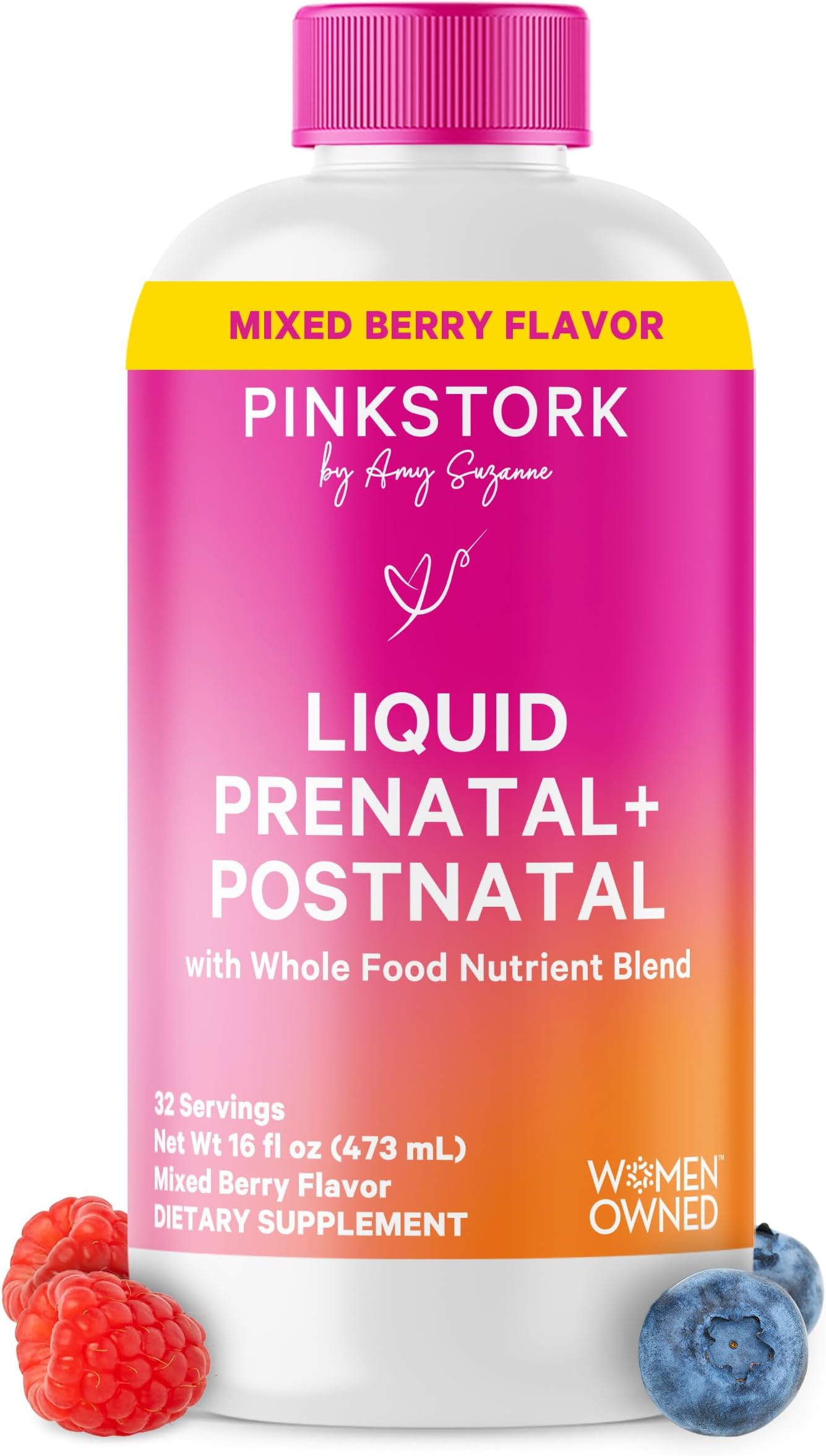 Pink Stork Liquid Prenatal Vitamins for Women – Berry, 32 Servings | Doctor Formulated, Organic Whole-Food Blend, Methylated Folate, Sugar-Free, Fertility to Postpartum, Breastfeeding Friendly