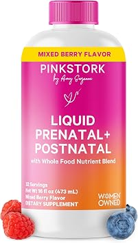 Pink Stork Liquid Prenatal Vitamins for Women Berry, 32 Servings | Doctor Formulated, Organic Whole-Food Blend, Methylated Folate, Sugar-Free, Fertility to Postpartum, Breastfeeding Friendly