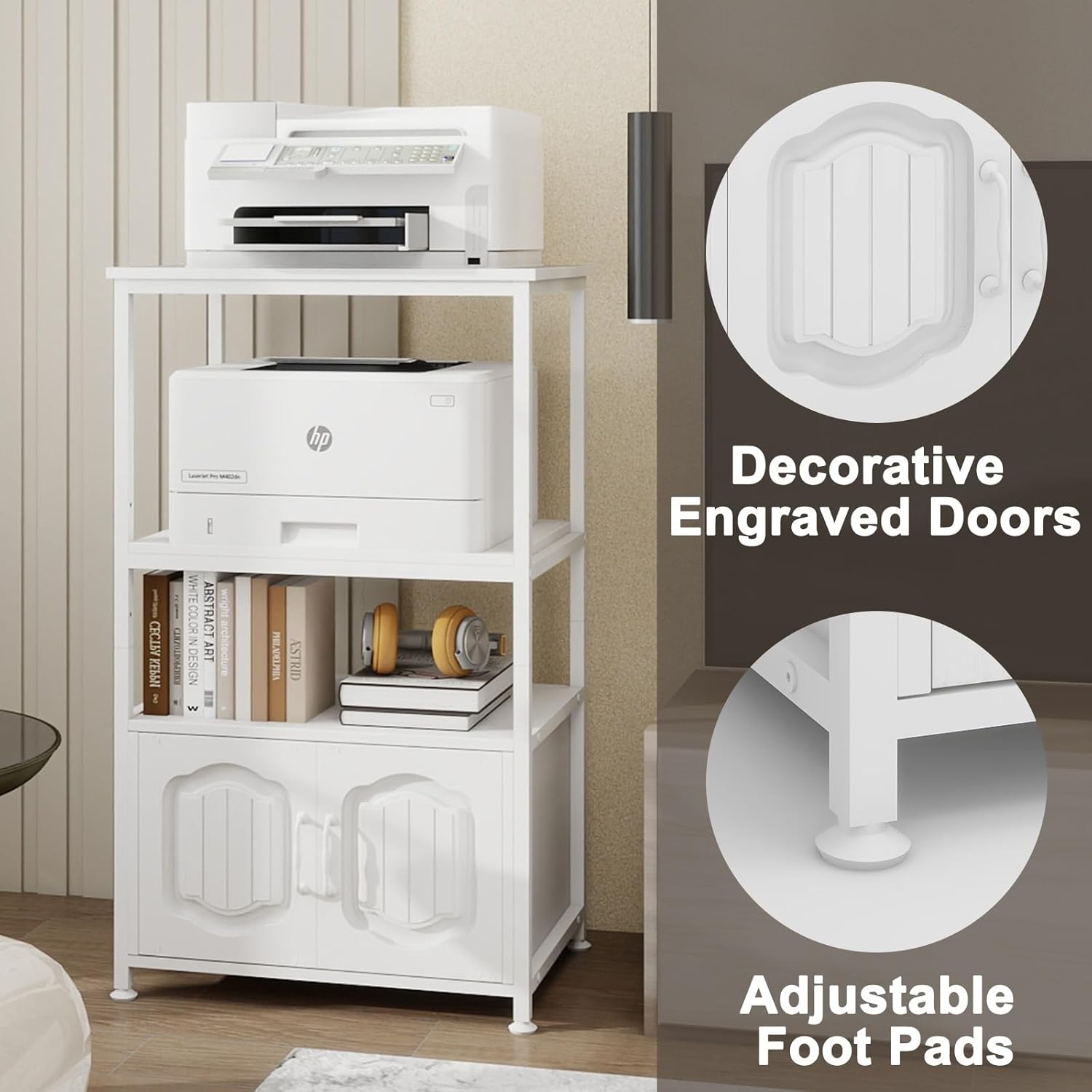 Natwind 4 Tier Printer Stand with File Cabinet, Vertical Filling Cabinet with Adjustable Open Shelves, Decorative Wood Printer Shelf with Storage for Home Office, White