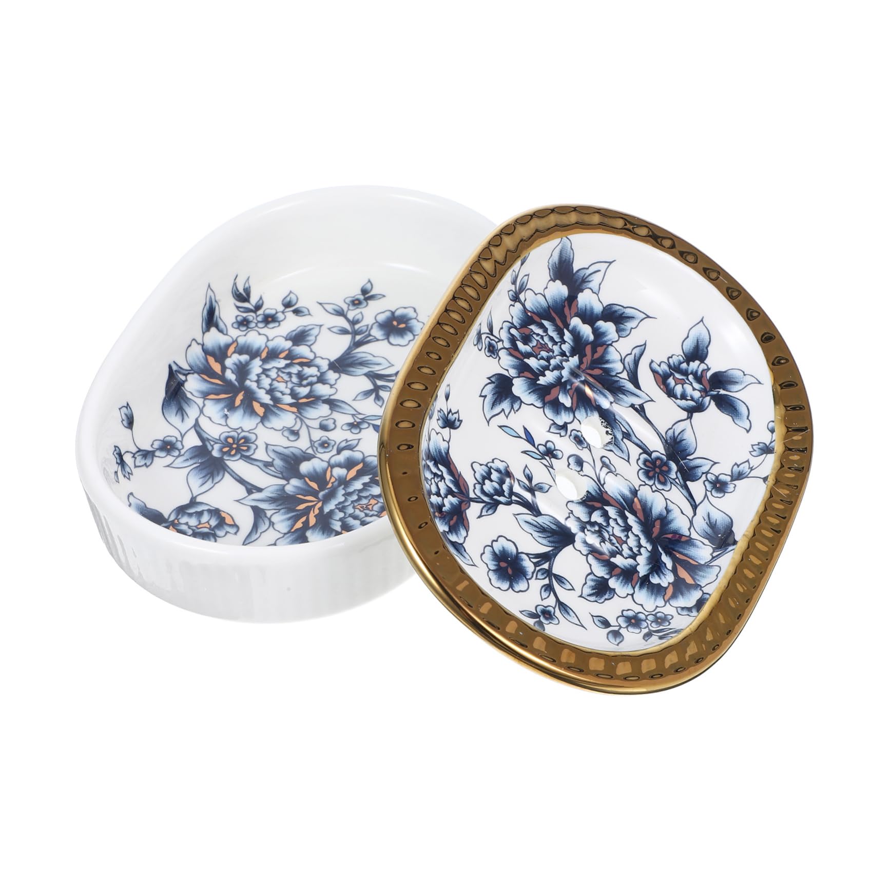 WOONEKY Jabonera de Cerámica Borde Dorado Diseño Simple y Elegante Doble Capa y Drenaje Rápido, Adecuado para Baño y Ducha