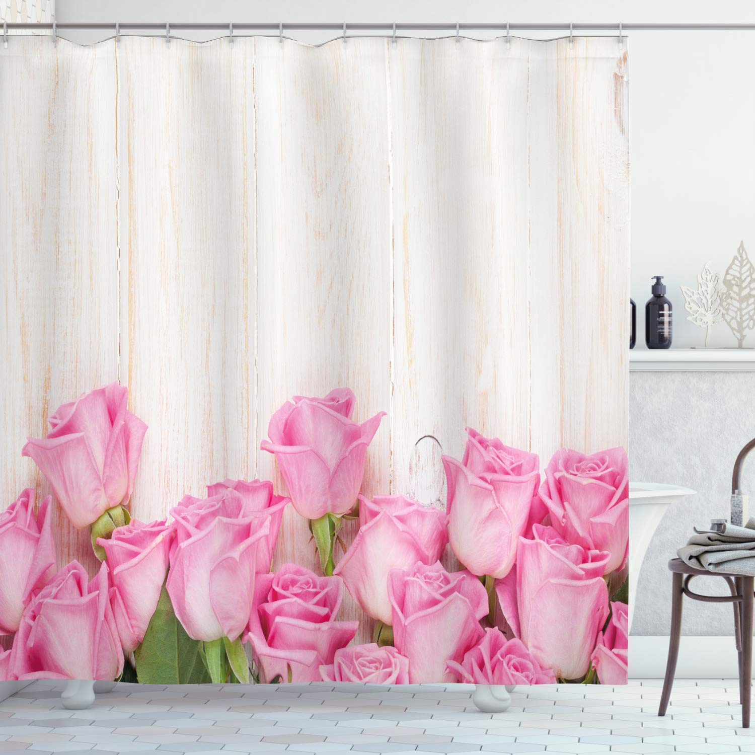 ABAKUHAUS Rose Shower Curtain, Valentine's Day Celebration Inspired Composition Flowers on Wood Planks Print, Cloth Fabric Bathroom Decor Set with Hooks, 94 Inches, Pink Green Cream โ image 1