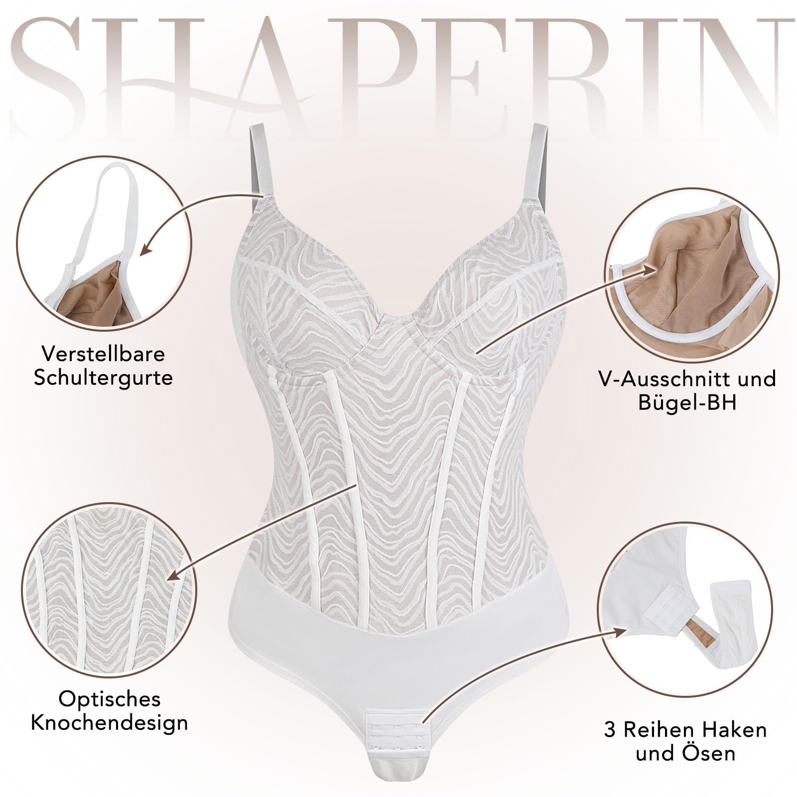 SHAPERIN Body Reductor Mujer Cuello en V Corset Shapewear Body Moldeador Espalda Baja Bodysuit Encaje