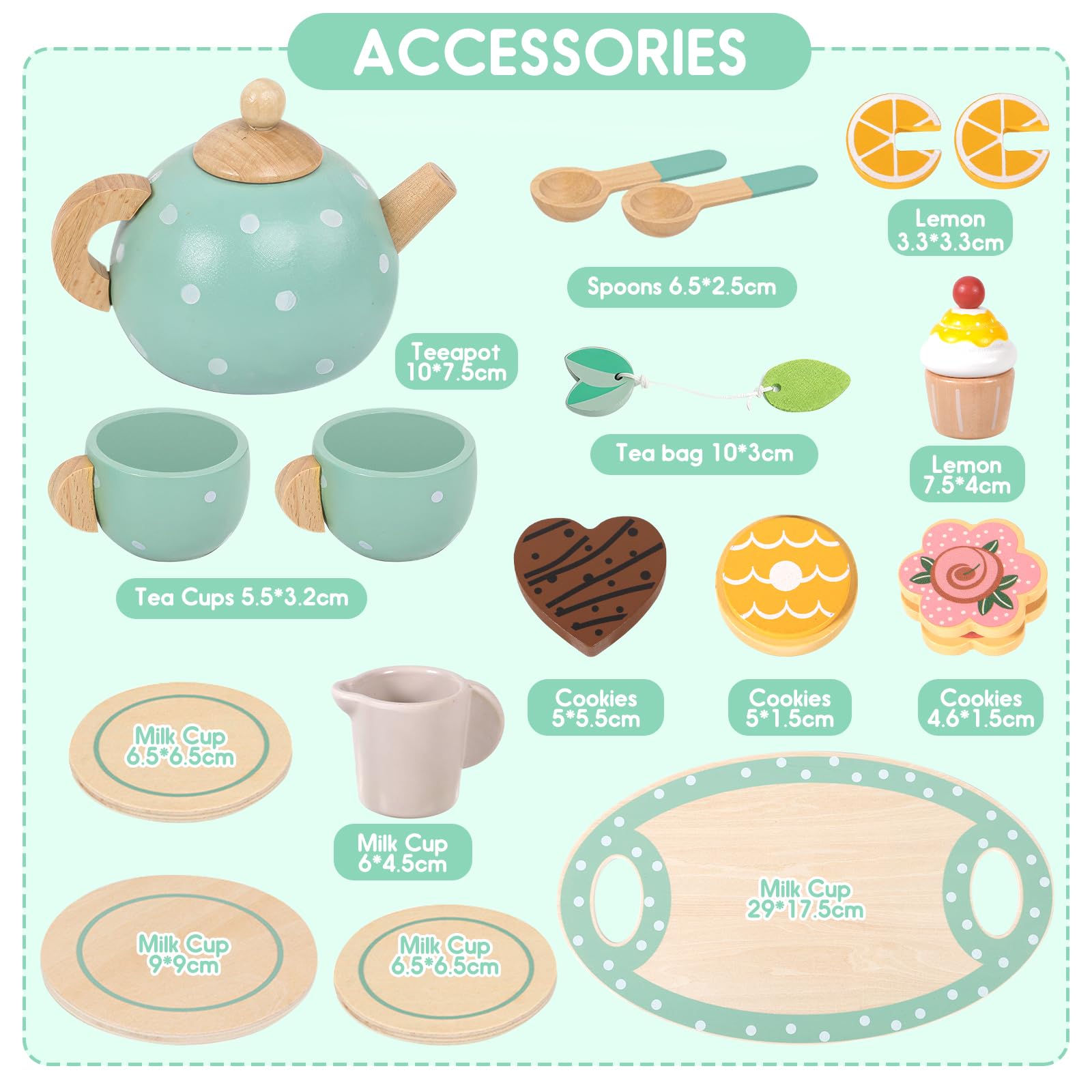 Set da Tè Giocattoli in Legno, 17Pcs Set da Tè per Bambini, Accessori Cucina Bambini, Set da Tè in Legno Gioco di Imitazione, Giocattoli in legno Regalo per Ragazzi Ragazze 3 4 5+ Anni