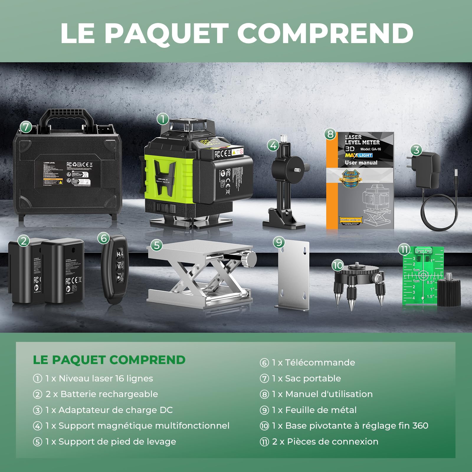 Niveau Laser Chantier Autonivelant 360° x 4, Lazer Niveaux 4D 16 Lignes Laser, Autonivellement et Mode Pulsé Extérieur, 2 x Batterie, Nivellement Automatique, Support Rotatif, Télécommande