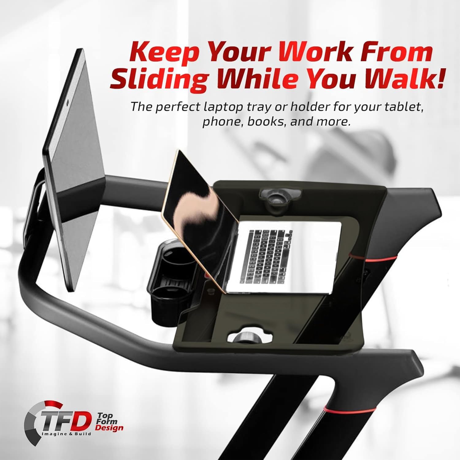 TFD The Tread Tray 2.0 | Compatible with Peloton Tread (Does NOT FIT Tread Plus), Made in USA | Walking Desk Attachment Holder for Laptop, Tablet, Phone, & Book (Black)