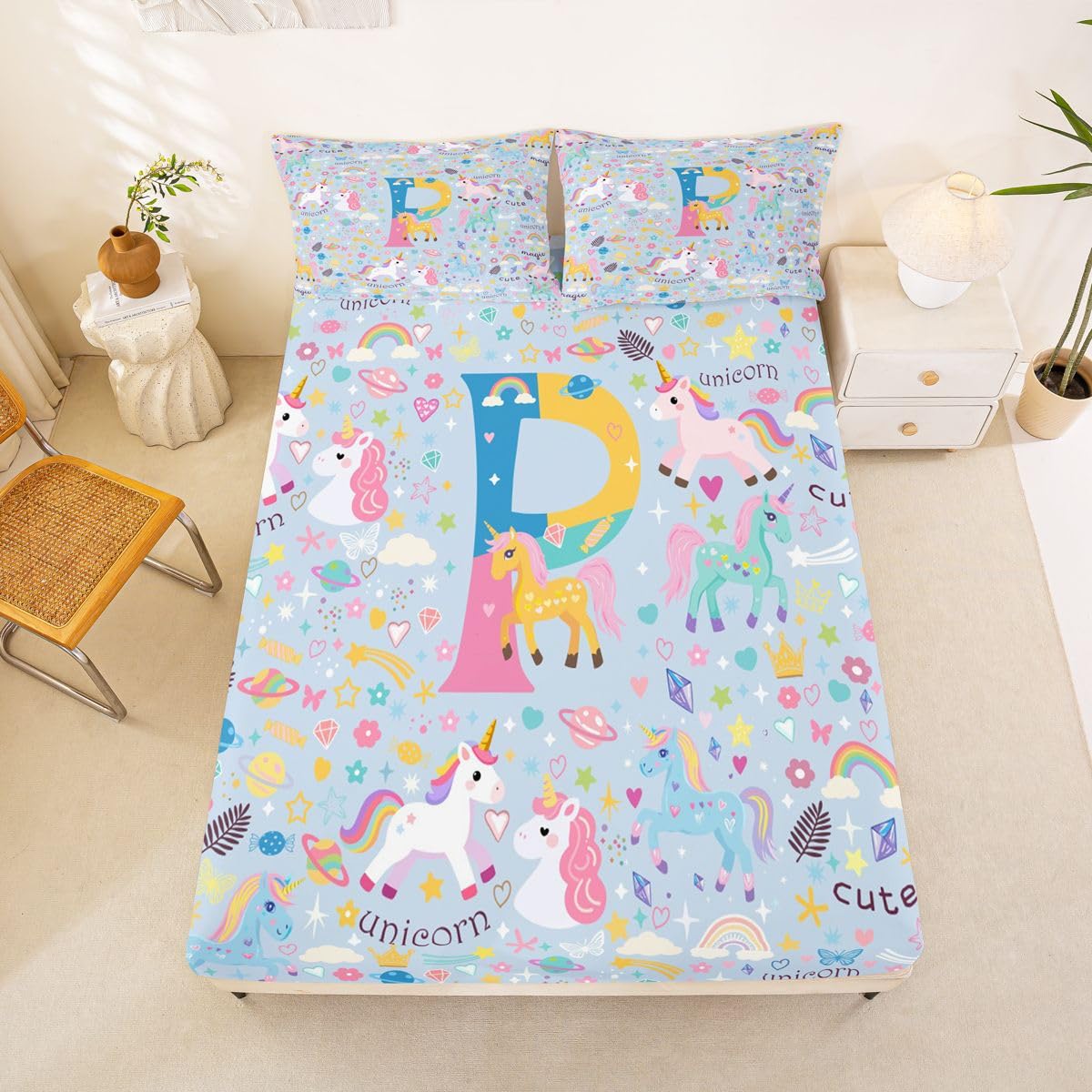 Homewish Niebieski jednorożec prześcieradła z podwójnym monogramem P jednorożec zestaw pościeli uroczy kawaii tęczowy zestaw pościeli - akwarela kwieciste dopasowane płaskie prześcieradła 4-częściowy