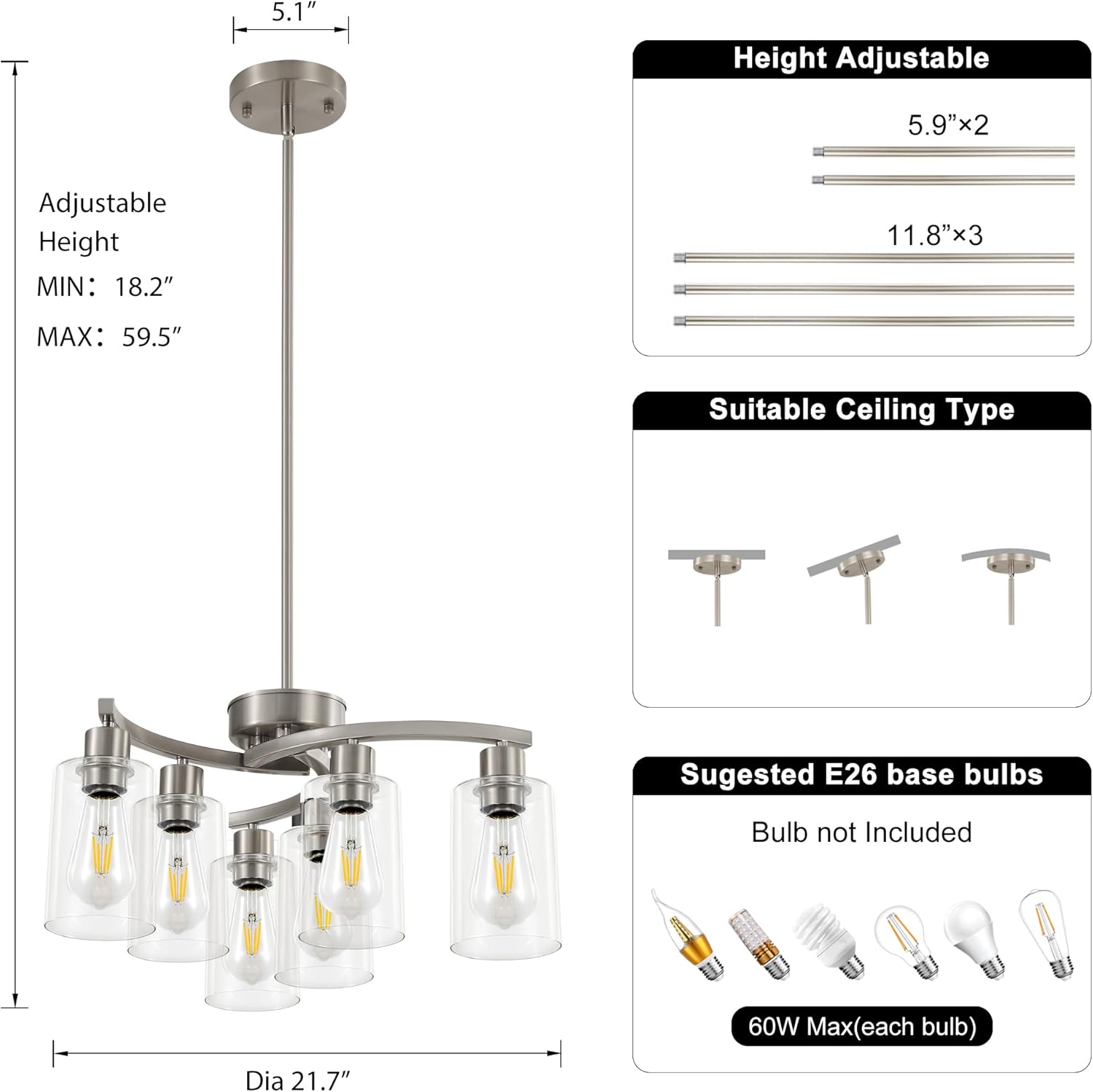 6 Light Modern Brushed Nickel Pendant Light Fixture for Dining Room，Kitchen Pendant Lighting Over Island，Adjustable Height Farmhouse Dining Chandeliers Over Table，with Glass Shade
