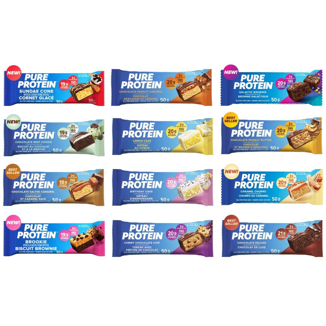 Pure Protein Bars Variety Pack | 12 flavors | High Protein, Nutritious Snacks to Support Energy, Low Sugar, Gluten free. Two new flavors Sundae Cone and Brookie. (Packaged for you by Mix it up)