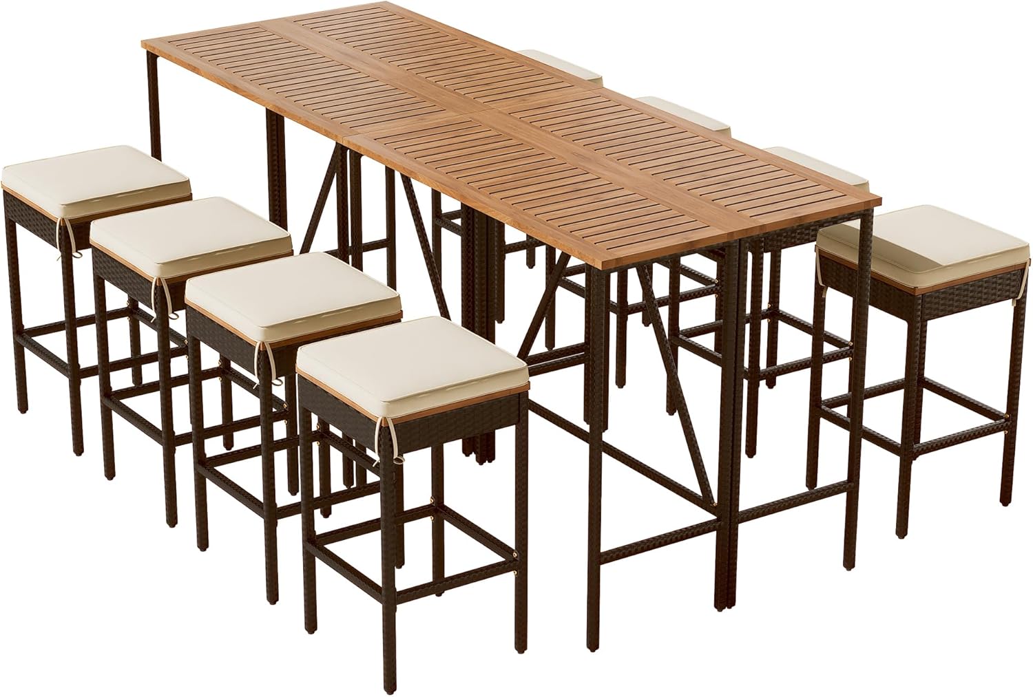 Kangmusi 10-Piece Outdoor Acacia Wood Height Table and Eight Stools with Cushions, Garden PE Rattan Wicker Dining Table, All-Weather Patio Furniture, Brown