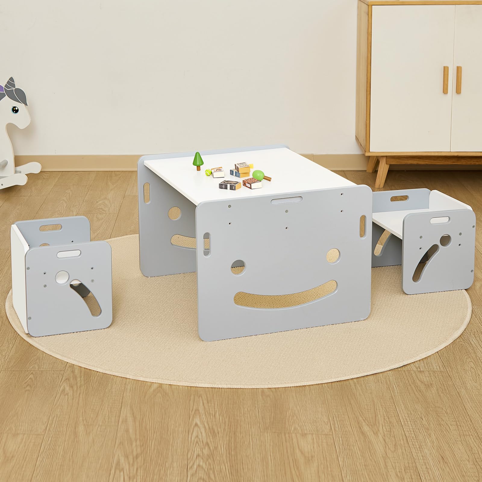 FUNLIO Montessori Table Enfant avec 2 Chaise pour bébés de 1 à 3 Ans. Table et Chaise Enfant Ajustables en Hauteur pour la Lecture, Les Repas et Le Jeu. Facile à Assembler, certifié CPC - Carrée Gris