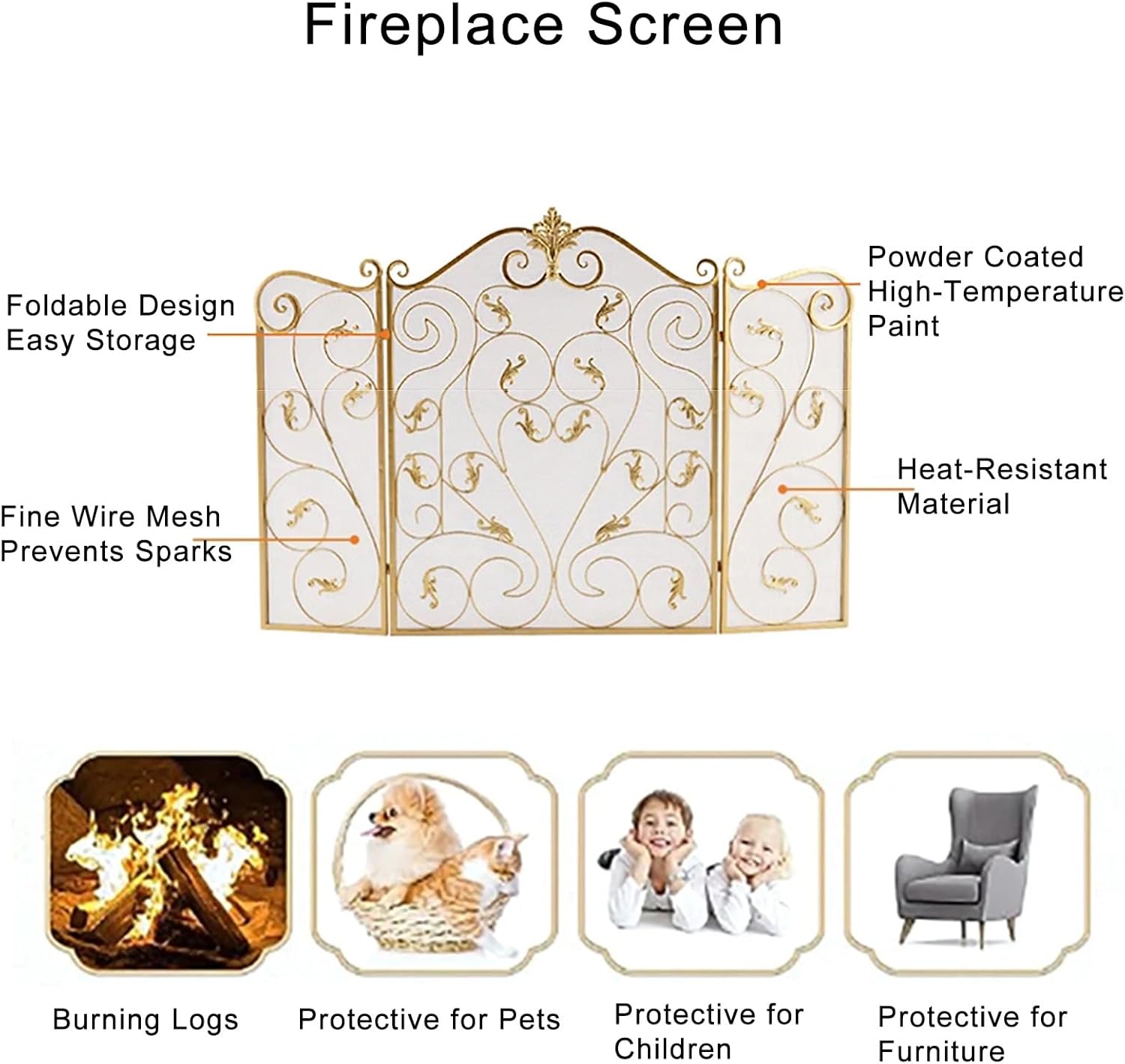 3-Panel Folding Fireplace Screens Stand Alone, Wrought Iron Spark Guard Cover, Metal Mesh Arched Fire Place Screen Protector Fence for Brick Wood
