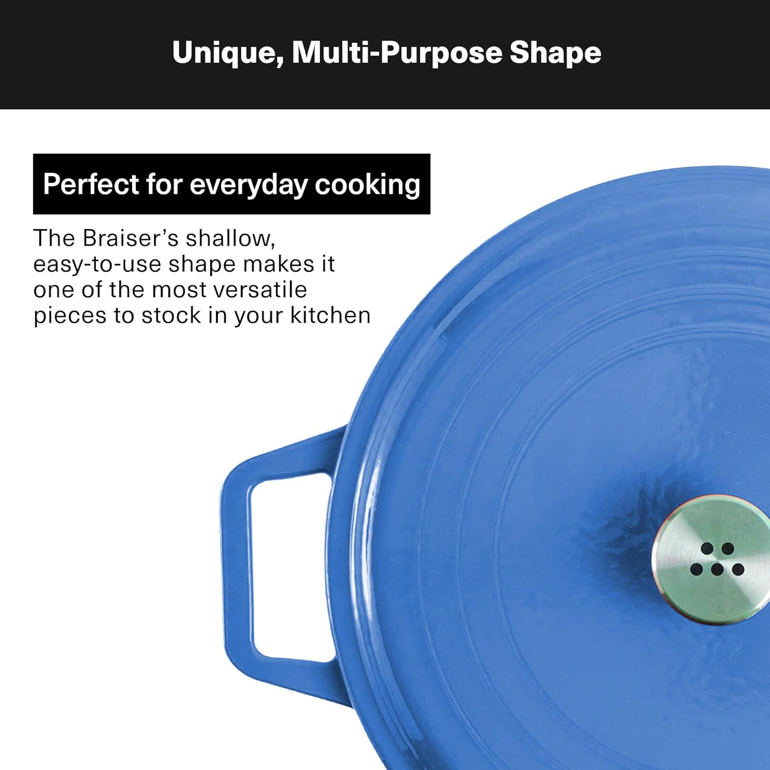 Misen 5.5 QT Braiser – Enameled Cast Iron Pan for Searing, Braising & Slow Cooking – No-Chip Enamel Coating – Extra-Wide Handles – Superior Heat Retention & Even Cooking - Blue
