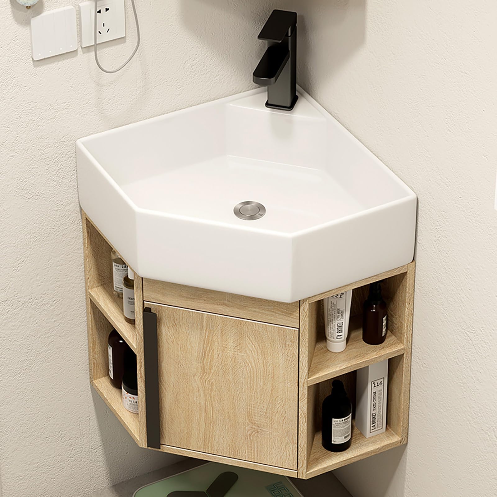 Lavabo De Esquina For Baño Pequeño,Mueble Baño Con Lavabo,Lavabo De Cerámica,Lavabo De Porcelana Mural,Lavabo De Baño Con Contenedor De Almacenamiento,Para Tu Baño Principal Y De Invitados(Brown)