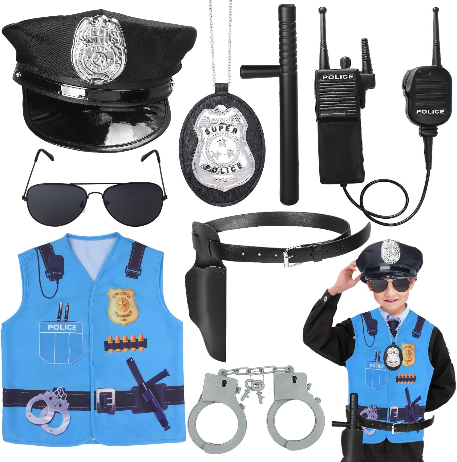 Kyson 8Pcs Police Costume Kit for Boys Police Officer Cop Dress Up Accessories Halloween Career Day