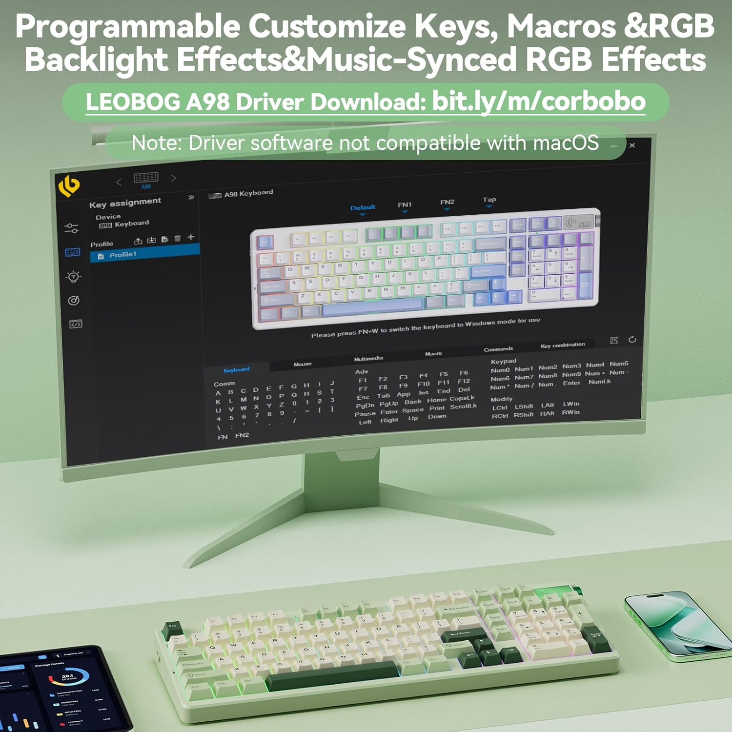 Exploded view diagram of the LEOBOG A98 keyboard's gasket mount structure with multiple layers of sound dampening materials.