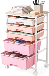 VASAGLE Rolling Cart with Drawers,5 Drawers Storage Cart, Pink