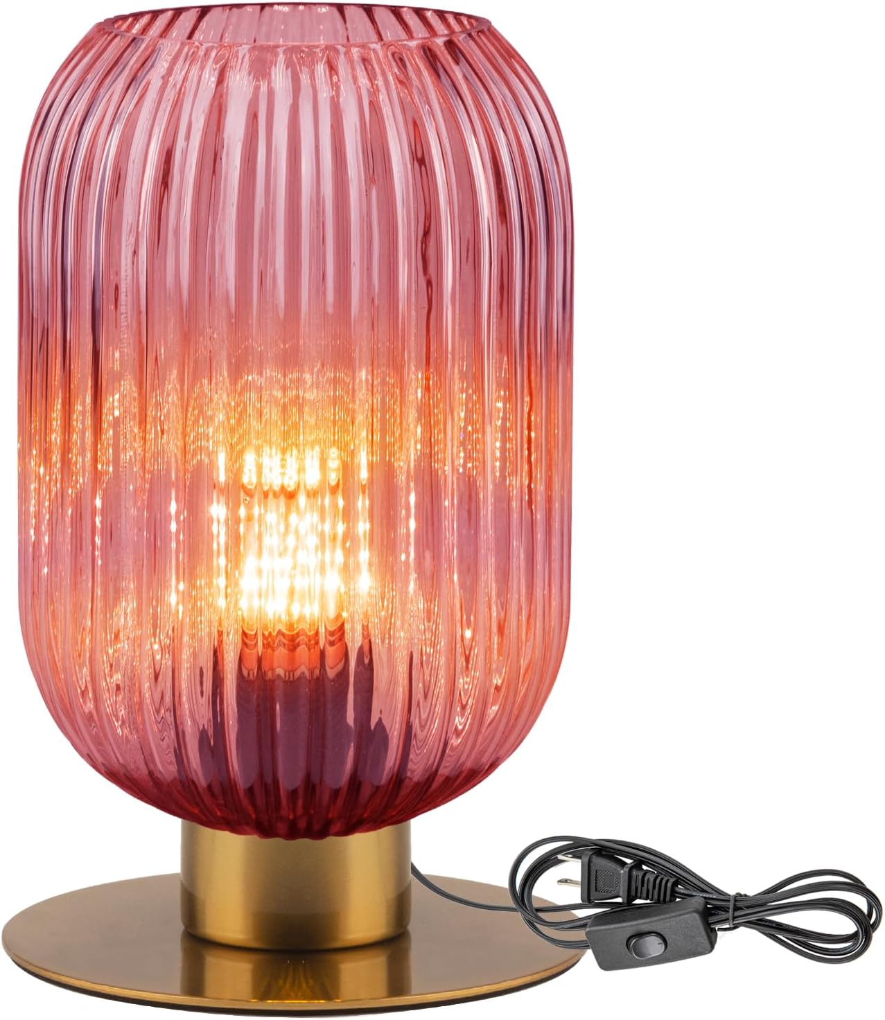 Small Bedside Table Lamp for Bedroom, Living Room Coffee Table Lamp with Gold Metal Base, Mid Century Side Table Lamp Small Glass Lamp Decorative Pink Lamp for Girls Room