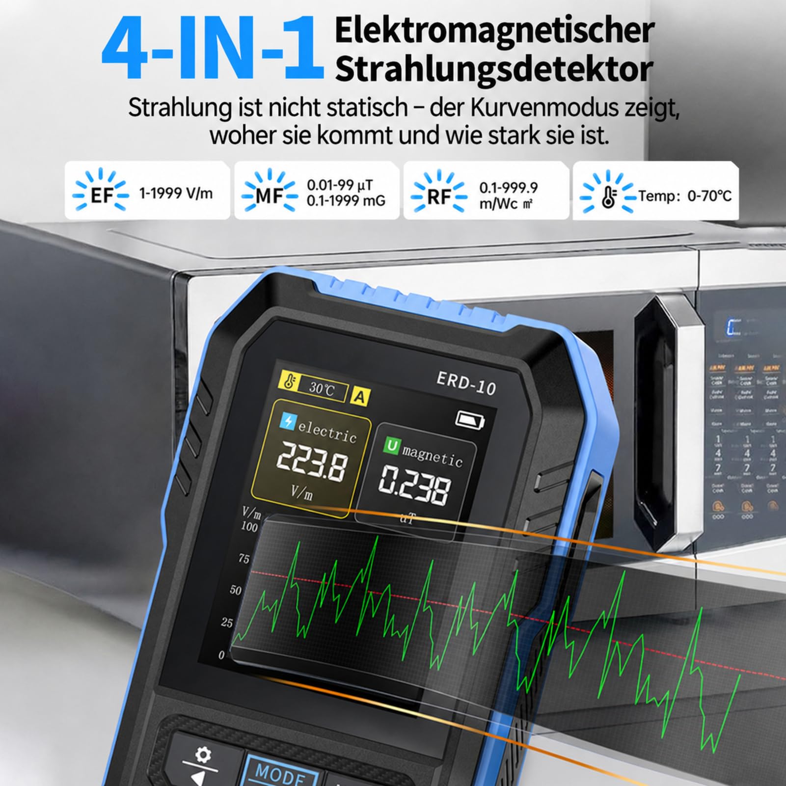 EMF messgerät Elektrosmog messgerät 3 In 1 Strahlenmessgerät Messung von EF MF RF Automatischer Alarm bei Überschreitung der Norm TFT Farbbildschirm für Haus, Büro und Kinderzimmer.
